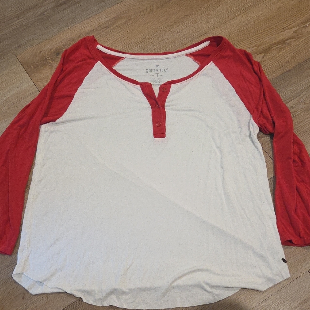 American Eagle Outfitters Red and White Long Sleeve Tee